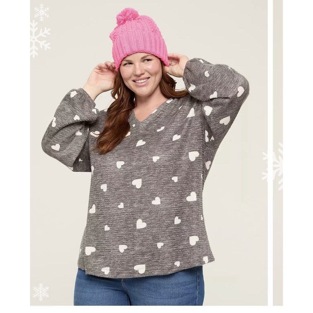 Lane Bryant  Waffle Knit V Neck Hoodie Hearts 14/16